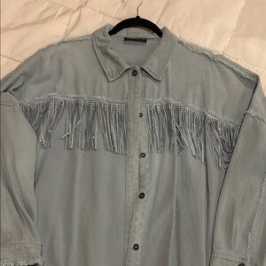 Fringe Button-Up Shirt in Light Blue